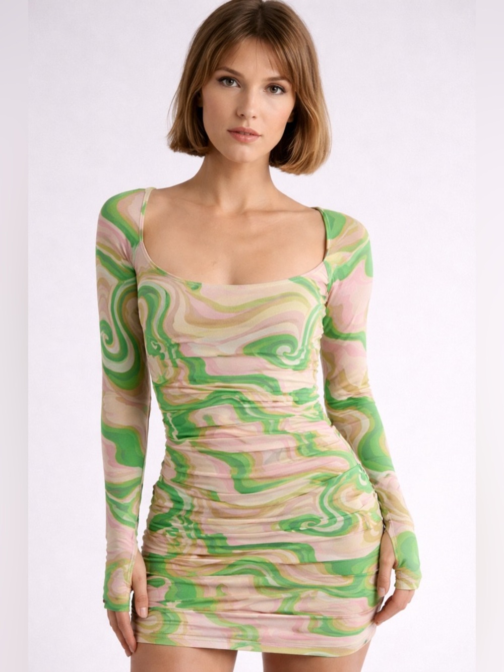 AFRM • Swirl Pattern Long Sleeve Dress PTP 16”-21” L42”